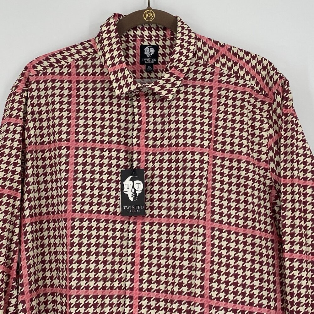 Twisted Tailor Men’s Xl Pink Houndstooth Check Ribery Button Up Slim Shirt Nwt — image 5 of 8